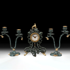 Часы каминные с канделябрами на 2 свечи (бронза, золото/синяя патина) Испания      