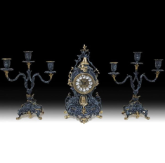 Часы каминные с канделябрами на 3 свечи (бронза, золото/синяя патина) Испания     20х35H см