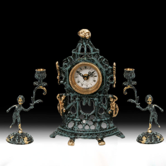 Часы каминные с канделябрами на 1 свечу (бронза, золото/синяя патина) Испания     