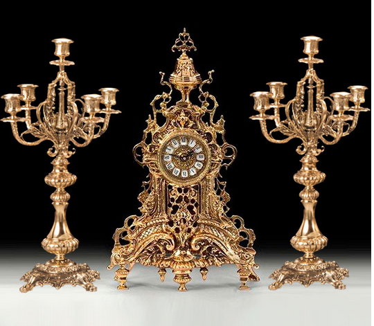 Набор часы каминные "Ренессанс" 48см с двумя канделябрами 40см на 5 свечей (бронза, золото) Испания
